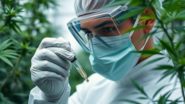 Cannabis legalization enthusiasts: scientist examines cannabis specimen.