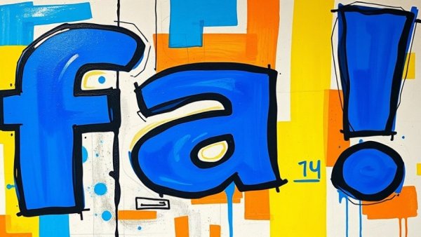 Abstract art with blue 'fa!' typography, bold design.