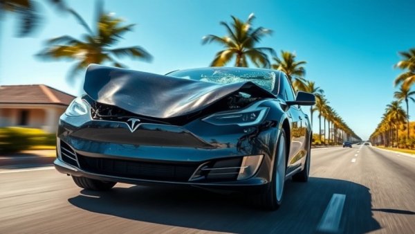 Damaged Tesla after head-on collision in Scottsdale, clear day view.