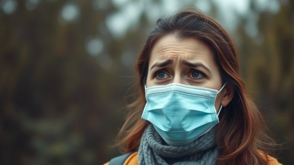Concerned woman in mask showing early disease symptoms.