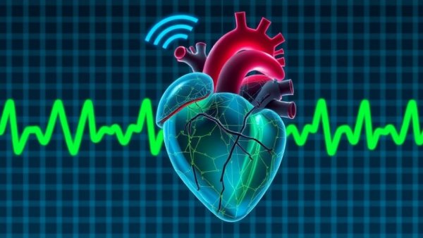 Futuristic digital heart with Wi-Fi symbol on ECG grid, illustrating technology in health monitoring.