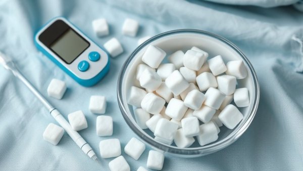 Diabetes concept with glucose meter and sugar cubes on a blue background.