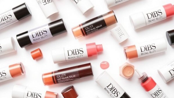 Colorful DIBS Beauty Glossy Balm tubes on white background pattern.