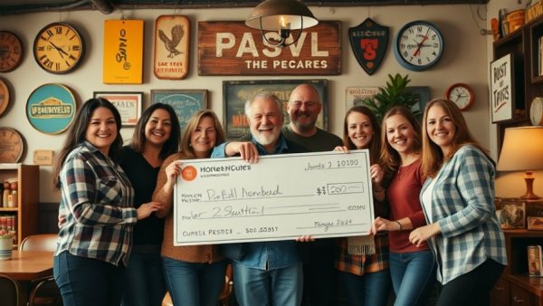 Happy group presents donation check to Maricopa Pantry in cozy rustic setting.