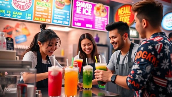 Youth entrepreneurs mixing beverages in a vibrant shaved ice shop.