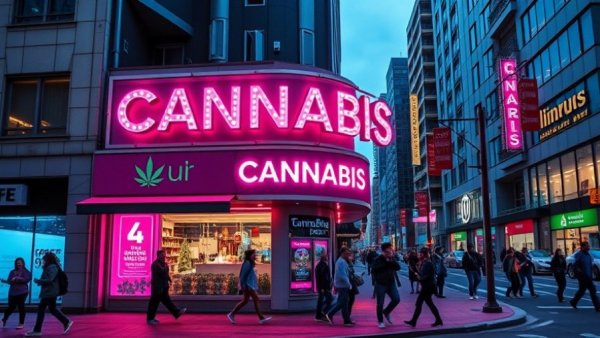 Vibrant cannabis store street corner in city, neon sign glowing.
