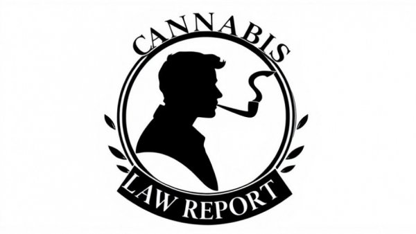 Monochrome emblem with 'Cannabis Law Report' text and silhouette.