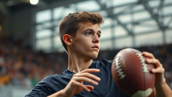 Young athlete in stadium, poised to throw football, raising questions.
