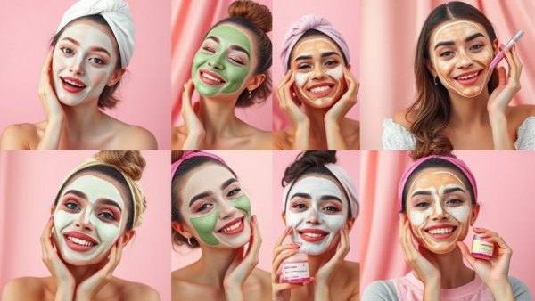Collage of womens beauty techniques with skincare products.