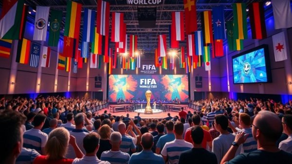 FIFA World Cup 2026 draw event scene with participants and flags.