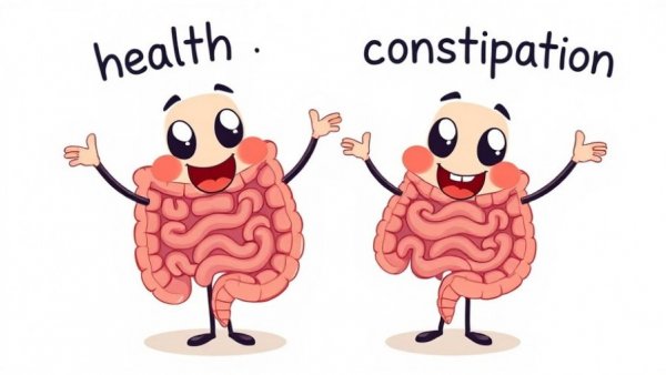 Cartoon intestines illustrating health and constipation in aging.