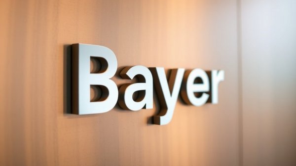 Close-up of Bayer logo on textured wall related to Phase IIa trial for Alport Syndrome.