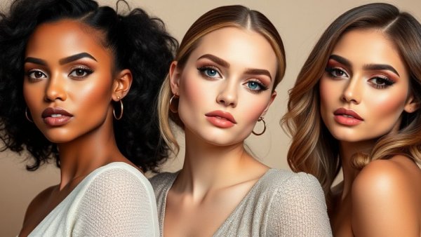 Stylish trio exhibiting bold makeup trends 2026; vibrant colors, confident.