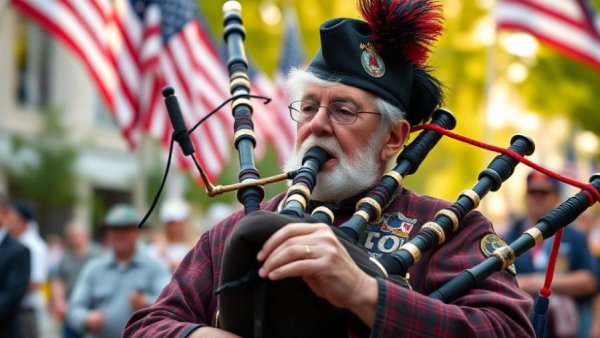 Elderly bagpiper playing bagpipes at outdoor parade, Maricopa Creative Mind Lecture Series.
