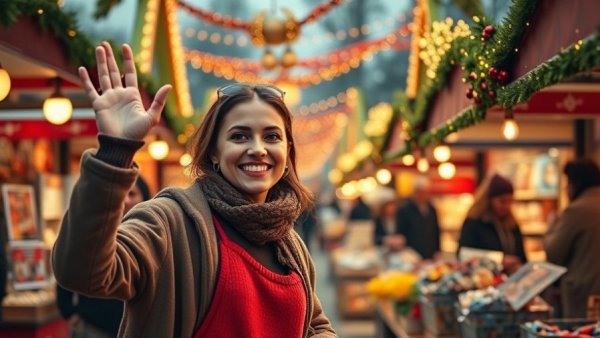 Vibrant Phoestivus holiday market vendor waving, Phoenix