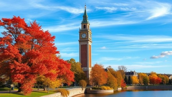 Furman College Cup advancement view; autumn scene with clock tower and lake.