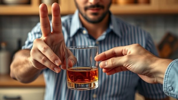 Cannabis Use to Reduce Alcohol Intake: Person refusing alcohol in a kitchen.