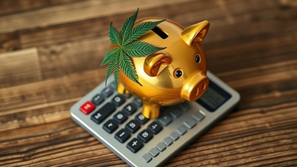 Cannabis industry news: piggy bank with leaf on calculator.