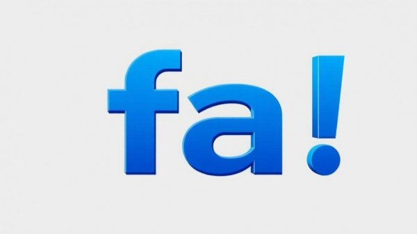 Bold blue letters 'fa!' in abstract style on gray background.