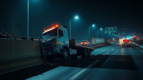 Guardrail impales truck in Tempe accident scene at night.