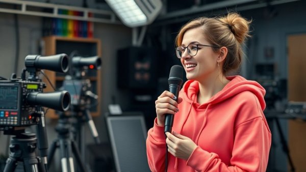 Woman in a studio discussing cannabis banking and lending.