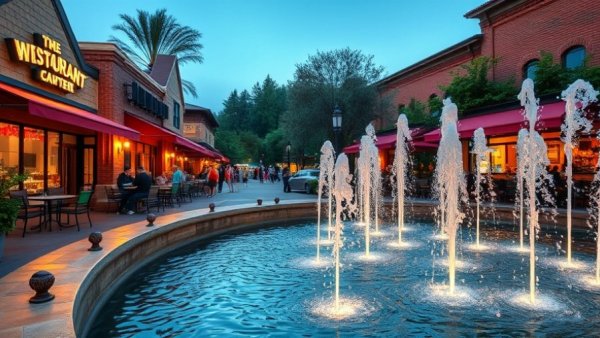 Elegant fountains at Shops at Greenridge, evening ambiance