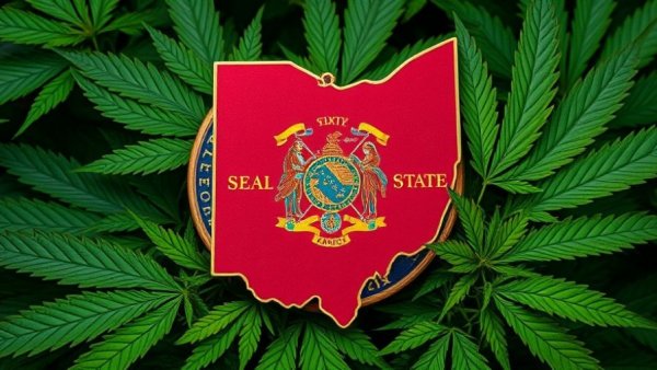 Ohio state seal on cannabis leaves backdrop, cannabis legalization enthusiasts context.