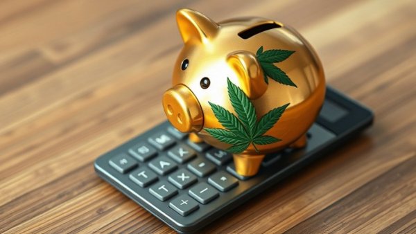 Golden piggy bank with cannabis leaf on calculator signifying tax impact.