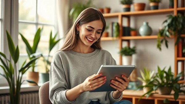 Content young woman with tablet, representing small business optimism in a cozy office.