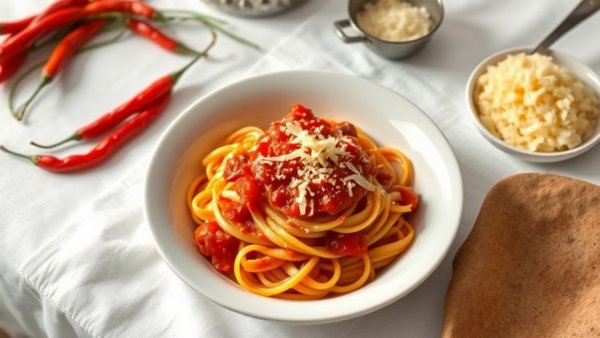 Plate of Bucatini all’Amatriciana with cheese and peppers.
