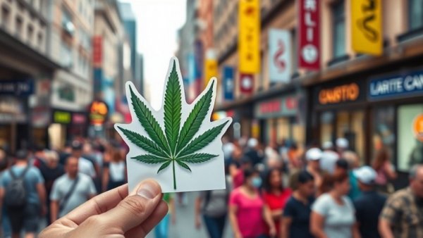 Hand holding cannabis leaf cutout, urban street background.
