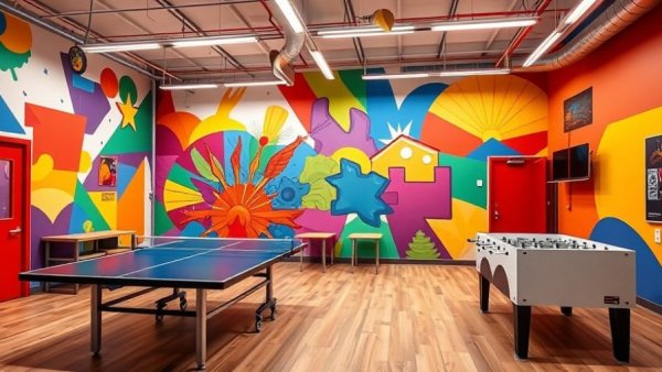 Youth activity center mural with games, Phoenix youth activity centers
