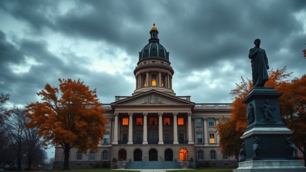 Ohio Statehouse under cloudy sky, autumn setting, related to Ohio cannabis restrictions 2025.