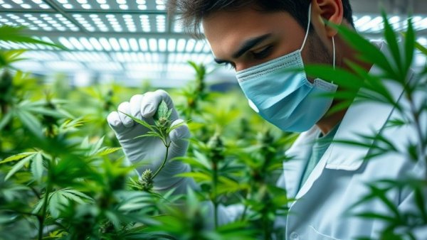 Gloved professional inspecting cannabis plants for profitability.