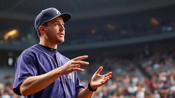 Baseball player in purple jersey gesturing on the field during a game.