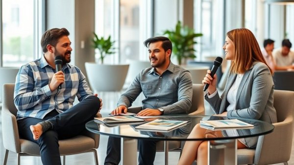 Casual group discussion at cannabis banking event with microphones.