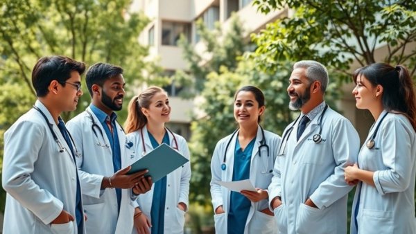 Developing Vietnam's next generation doctors gathering in front of a hospital.