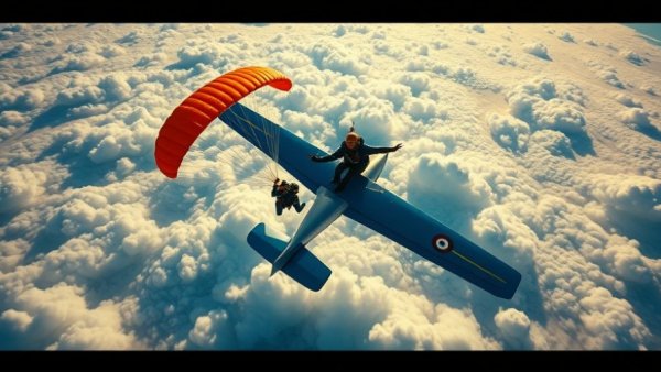 Skydiver with parachute caught on plane's tail, dramatic mid-air scene.