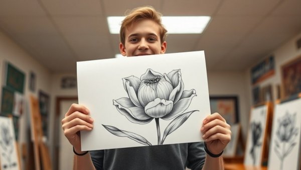 Young artist at art showcase Maricopa proudly displaying artwork.