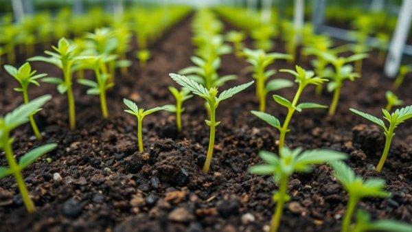 Cannabis industry news: young cannabis seedlings growing in trays.