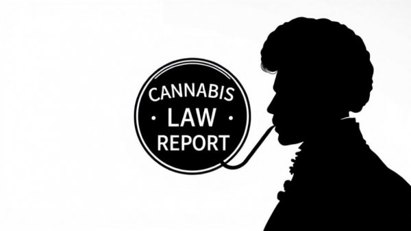 Cannabis Law Report emblem with silhouette, black and white.