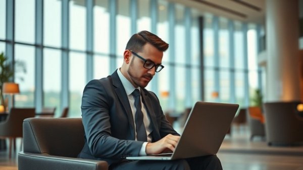 Businessman focused on laptop in modern hotel lounge, Arizona hotel acquisition.