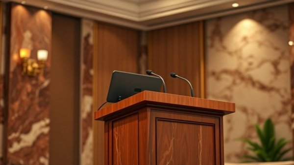 Speaker at podium in an international conference setting, addressing an audience.