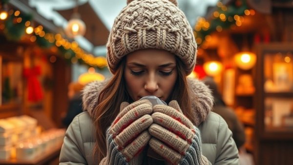 Young woman sneezing during winter virus season at a festive market.