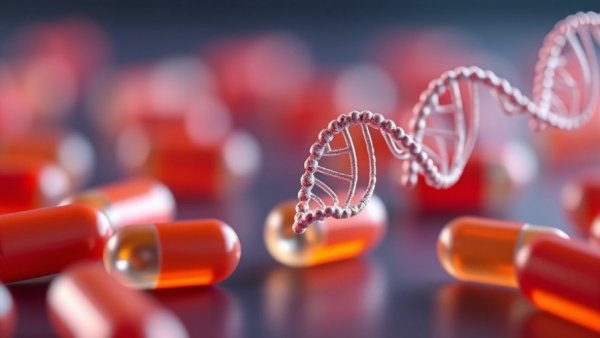 DNA strand emerges from blue and red capsules; WHO Global Summit on Traditional Medicine.