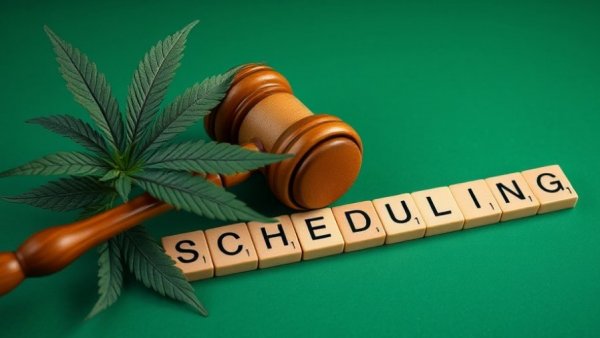 Cannabis leaves, gavel, and 'RESCHEDULING' letters on a green background.