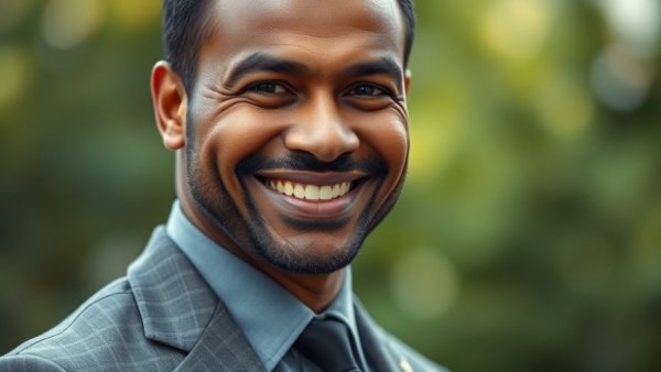 Smiling man in suit outdoors, photorealistic portrait.