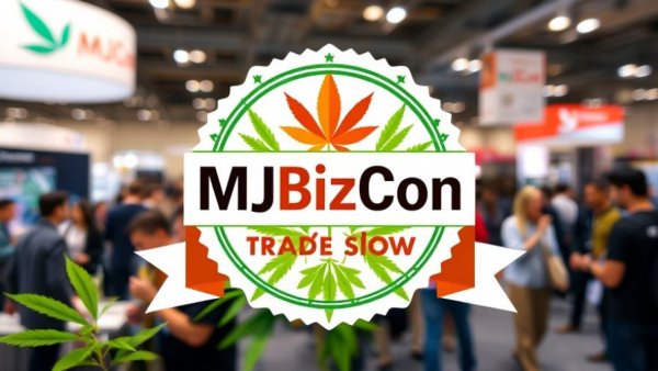 MJBizCon badge at cannabis industry event, vibrant exhibition.
