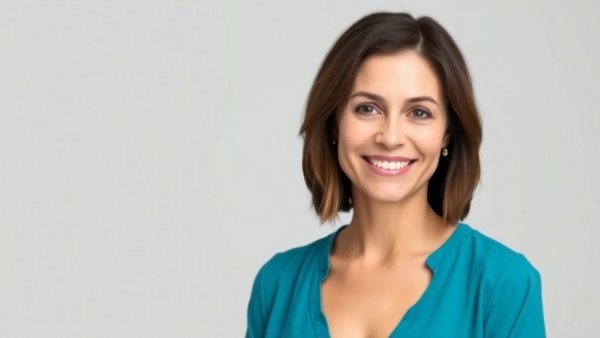 Smiling woman in teal blouse studio portrait, related to Australia Cannabis Regulations.