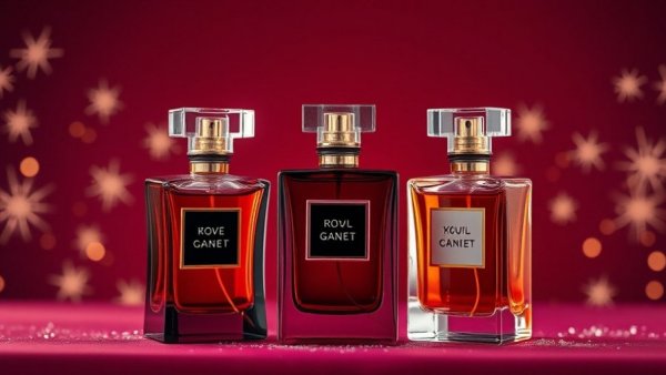 Elegant perfume bottles on burgundy background - best perfume gifts.